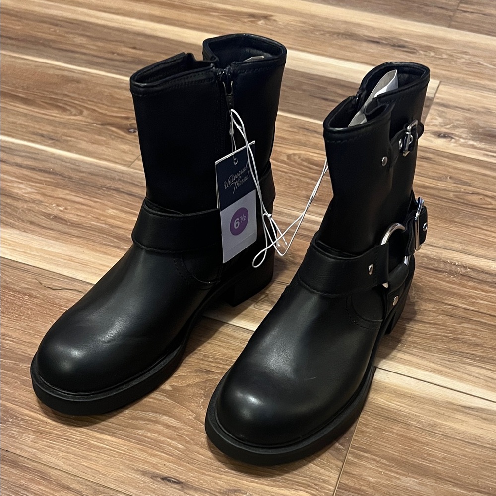 Black Motorcycle Buckle Ankle Boots